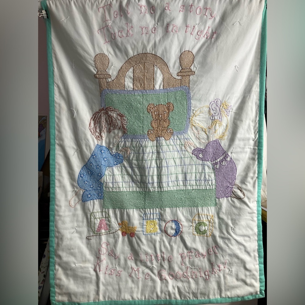 Vintage HandmadeCross Stitched Baby Blanket/Nursery/Infant, Multicolored